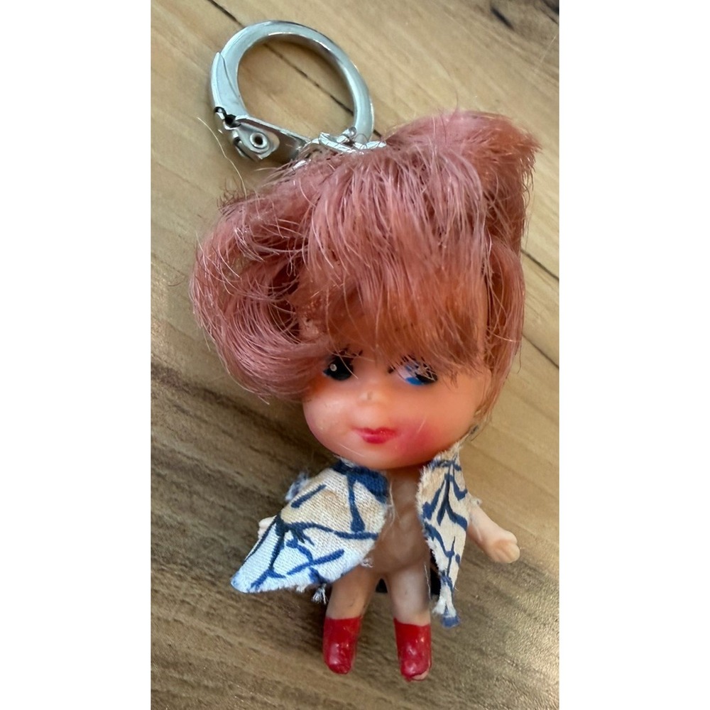 Vintage 1960s 70s Mini Doll Keychain Liddle Kiddle Style Pink Hair Red Boots